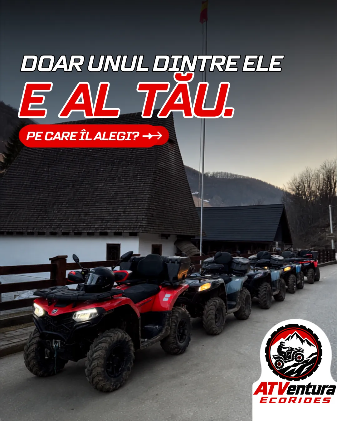 Slide de deschidere: „Doar unul dintre ele e al tău. Pe care îl alegi?” peste ATV-urile aliniate.