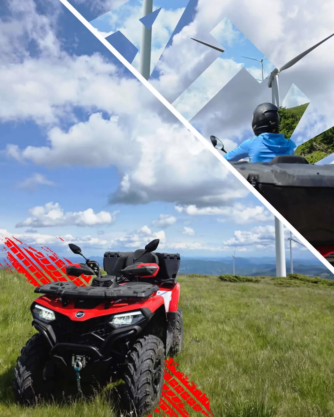 Postare în cadru împărțit pe diagonală: ATV-ul oprit lângă turbina eoliană și pilotul în mers.