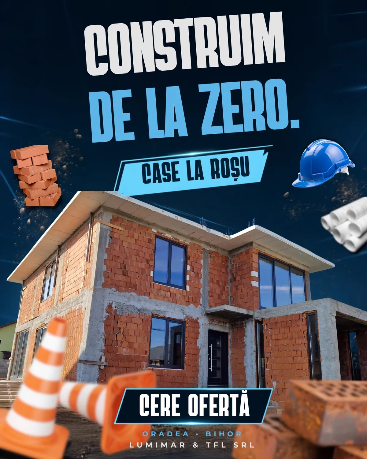 Postare de ofertă: „Construim de la zero - case la roșu”, cu buton Cere ofertă.