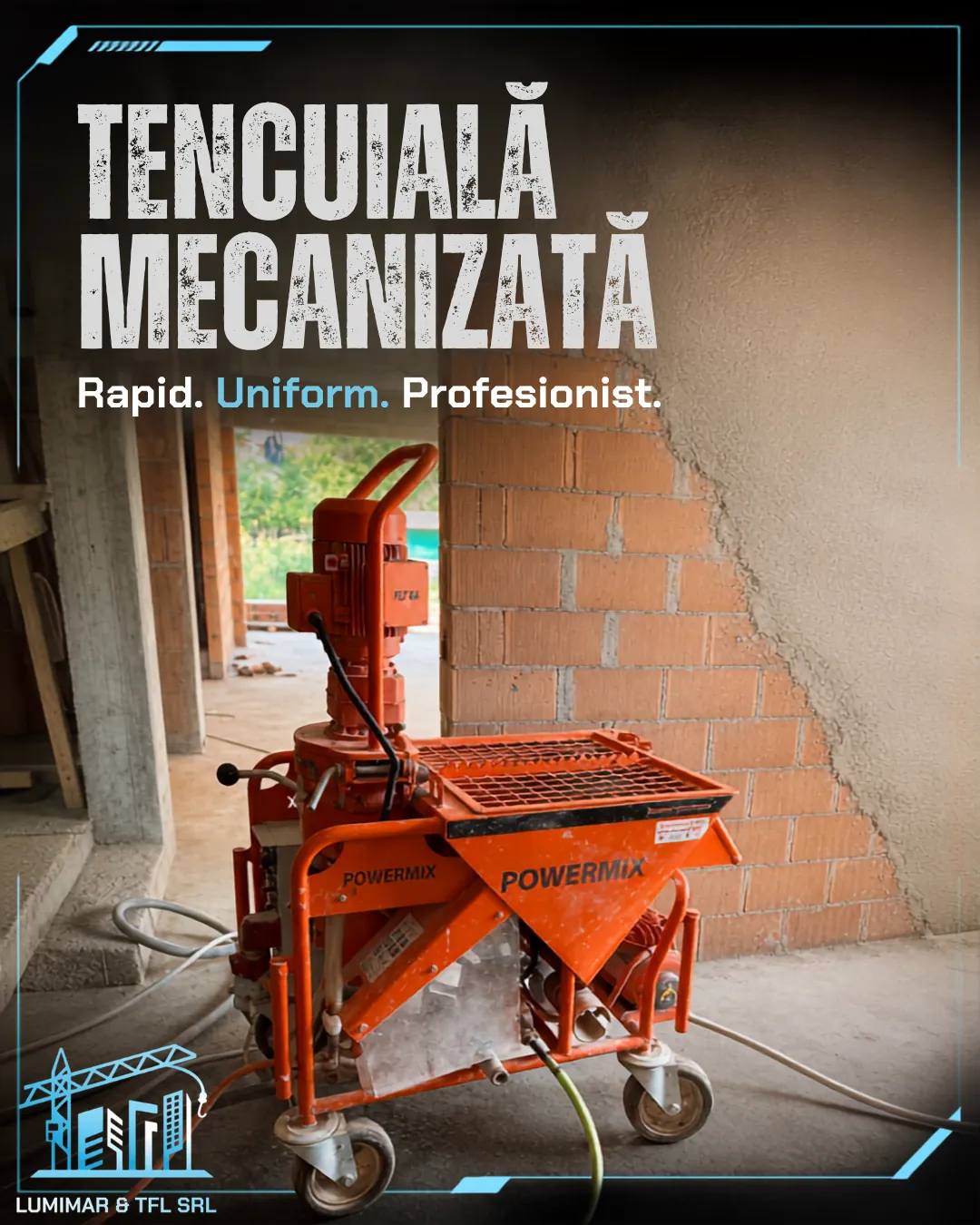 Postare de serviciu: „Tencuială mecanizată - Rapid. Uniform. Profesionist.” peste utilajul din șantier.
